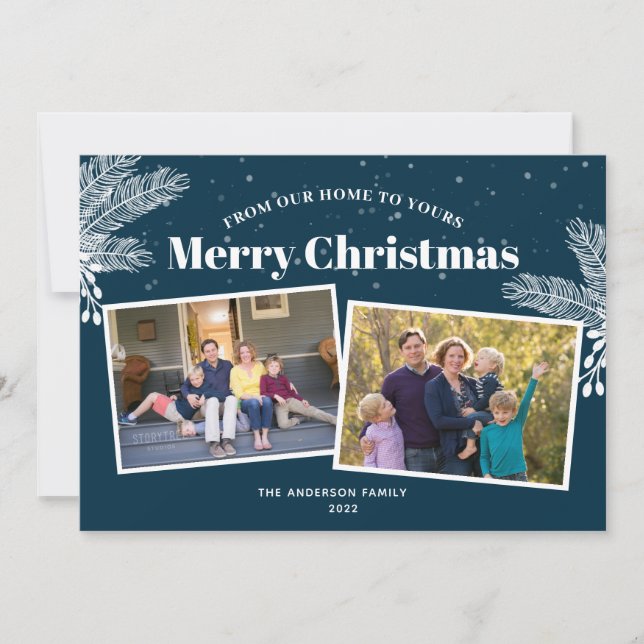 Elegant White Pine on Dark Blue 2 Photos Christmas Holiday Card (Front)