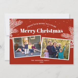 Elegant White Pine on Dark Red 2 Photos Christmas Holiday Card
