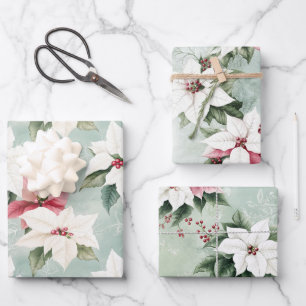 Elegant White Pink Christmas Poinsettias  Wrapping Paper Sheet