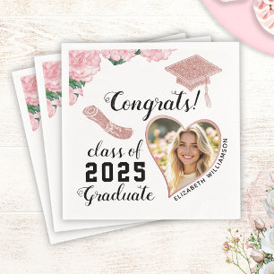 Elegant White Pink Floral Class 2025 Graduation Napkin
