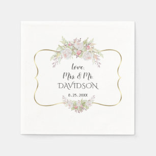 Elegant White Pink Flowers Gold Frame Wedding Napkin