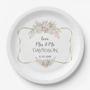 Elegant White Pink Flowers Gold Frame Wedding Paper Plate