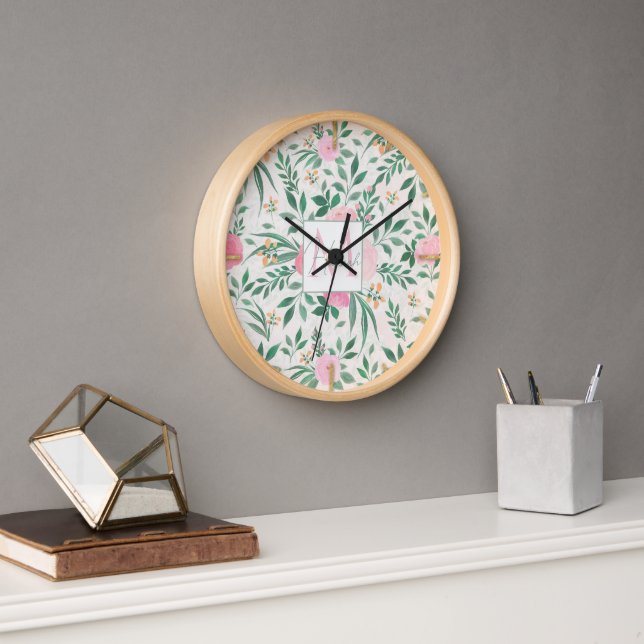 Elegant White Pink Flowers Watercolor Floral Clock (Office)