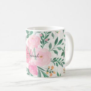 Elegant White Pink Flowers Watercolor Floral Coffee Mug