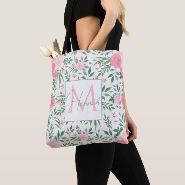 Elegant White Pink Flowers Watercolor Floral Tote Bag (Close Up)