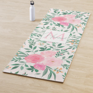 Elegant White Pink Flowers Watercolor Floral Yoga Mat