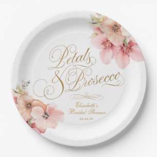 Elegant White Pink Gold Floral Petals & Prosecco Paper Plate