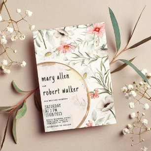 Elegant white pink green floral summer wedding invitation
