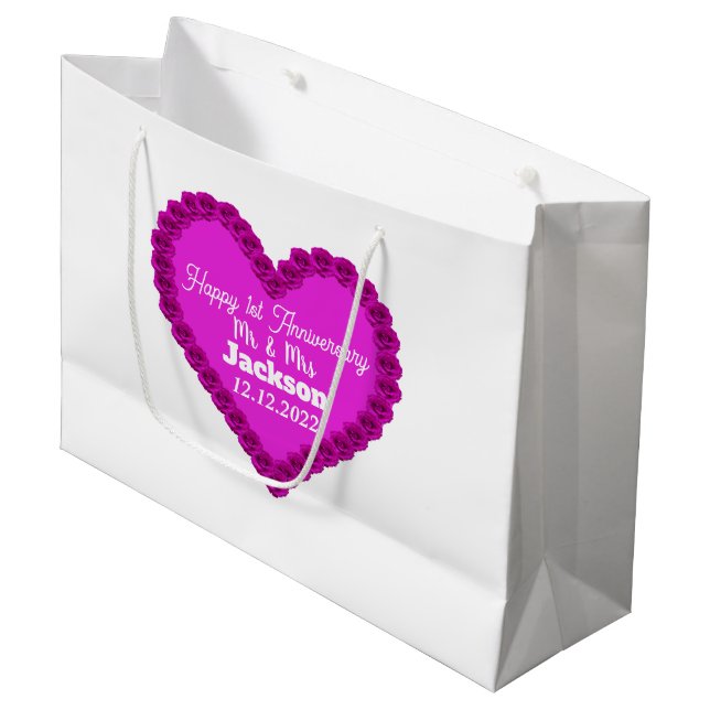 Elegant White & Pink Heart Happy 1st Anniversary  Large Gift Bag (Front Angled)