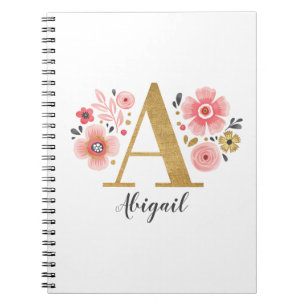 Elegant White Pink Monogram floral Letter A Notebook