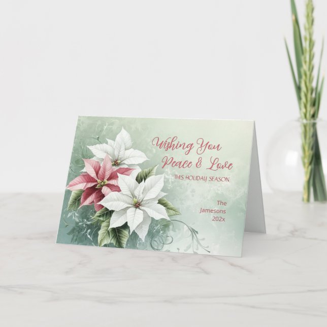 Elegant White Pink Poinsettias Christmas Holiday Card (Front)