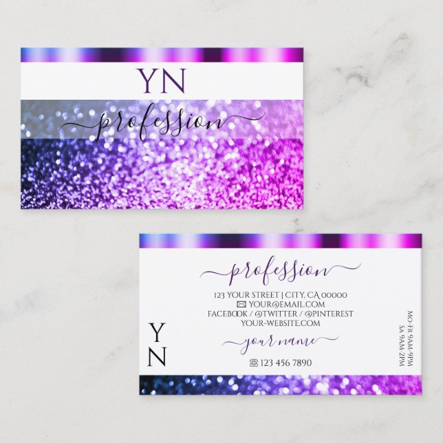 Elegant White Pink Purple Sparkle Glitter Monogram Business Card (Front/Back)