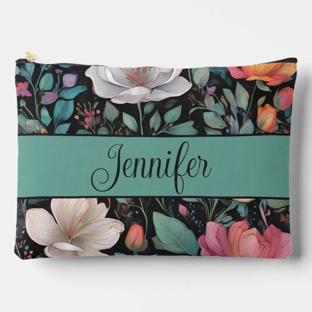 Elegant White Pink Rose Personalised Accessory Pouch (Front)