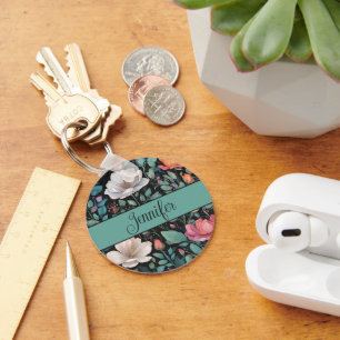 Elegant White Pink Rose Personalised Key Ring