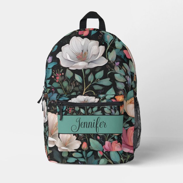 Elegant White Pink Rose Personalised Printed Backpack (Front)