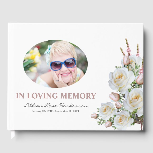 Elegant White & Pink Roses Funeral Photo Memorial Guest Book (Front)