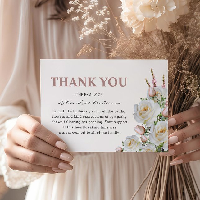 Elegant White & Pink Roses | Funeral Thank You Card (Creator Uploaded)