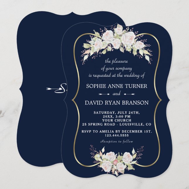 Elegant White Pink Roses Navy Blue Gold Wedding Invitation (Front/Back)