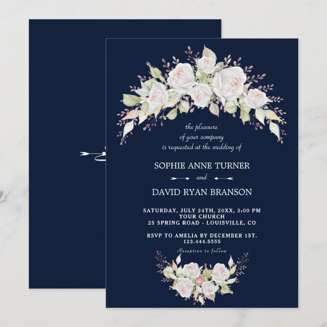 Elegant White Pink Roses Navy Blue Wedding Invitation (Front/Back)