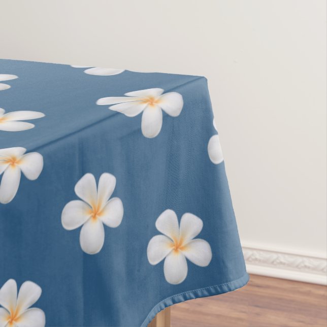 Elegant White Plumeria Flowers on Award Blue Tablecloth (In Situ)