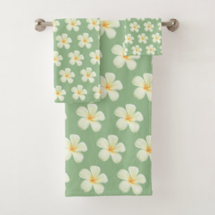 Elegant White Plumeria Flowers on Green Bath Towel Set