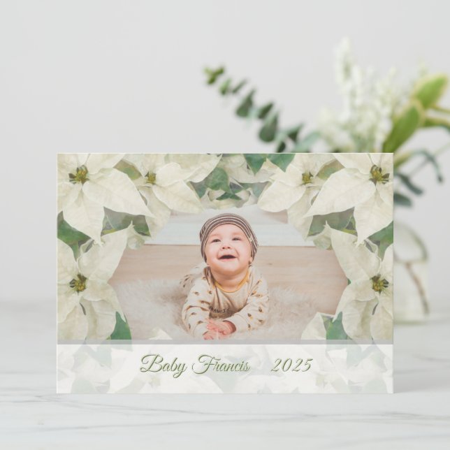 Elegant White Poinsettia Baby Flat Photo Card (Standing Front)