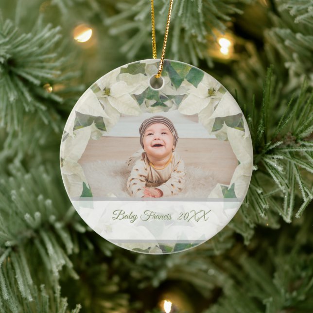 Elegant White Poinsettia Baby Photo Ceramic Tree Decoration (Tree)
