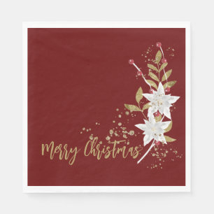Elegant White Poinsettia Burgundy Gold Glitter Napkin