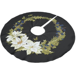 ELEGANT WHITE POINSETTIA FLOWER CHRISTMAS WREATH BRUSHED POLYESTER TREE SKIRT