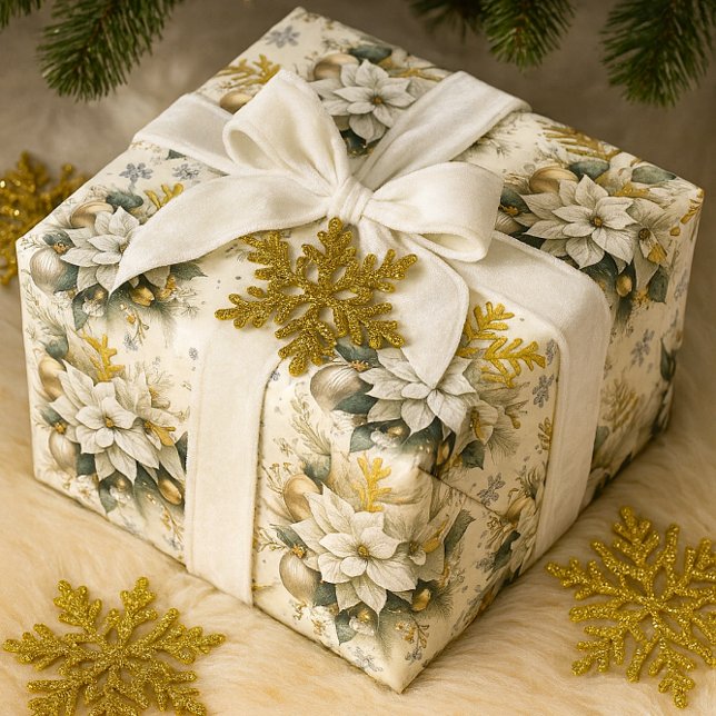 Elegant White Poinsettia Holiday & Winter Wedding Wrapping Paper (Elegant holiday gift wrapped in poinsettias and velvet, with gold snowflakes)