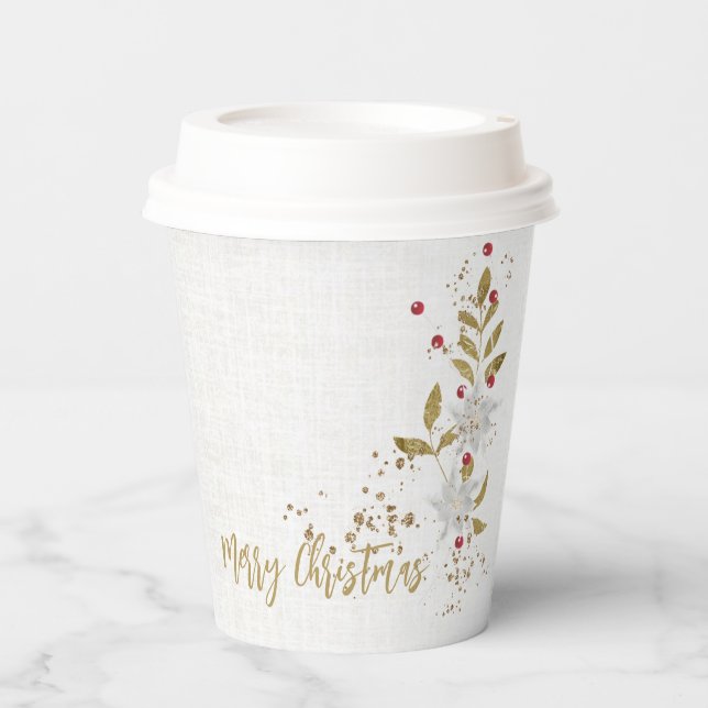 Elegant White Poinsettia Red Berries Gold Glitter  Paper Cups (Front)