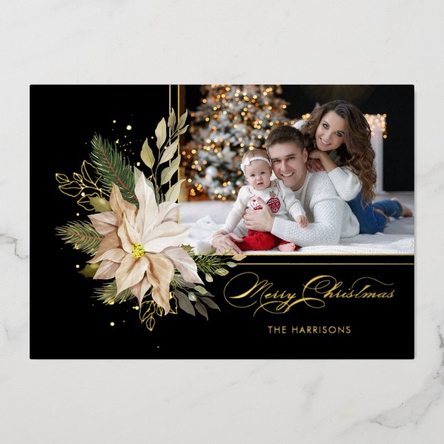 Elegant White Poinsettias w/Gold Greenery Photo Foil Holiday Card (Front)