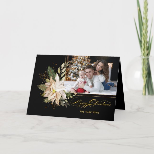 Elegant White Poinsettias w/Gold Greenery Photo Holiday Card (Front)