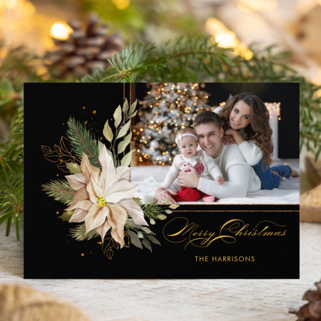Elegant White Poinsettias w/Gold Greenery Photo Holiday Card (Creator Uploaded)