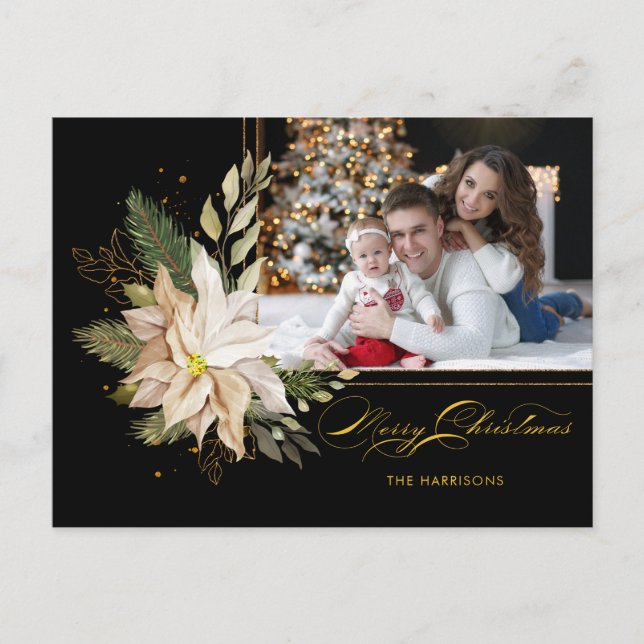 Elegant White Poinsettias w/Gold Greenery Photo Holiday Postcard (Front)