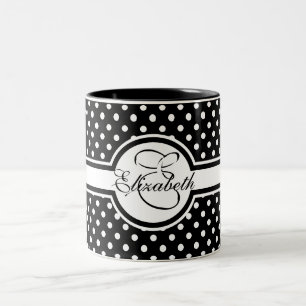 Elegant White Polka Dots on Black Monogram Two-Tone Coffee Mug
