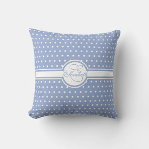 Elegant White Polka Dots on Blue Monogram Cushion