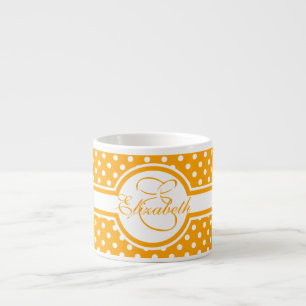 Elegant White Polka Dots on Orange Monogram Espresso Cup