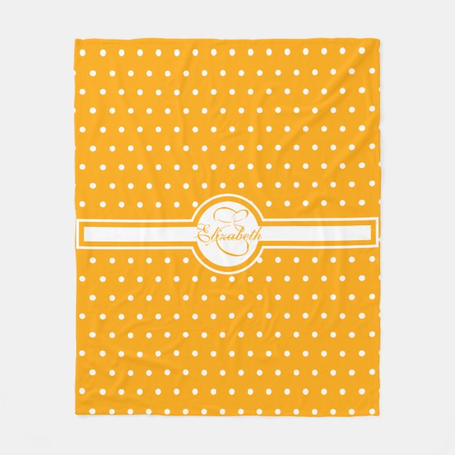 Elegant White Polka Dots on Orange Monogram Fleece Blanket (Front)