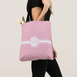 Elegant White Polka Dots on Pink Monogram Tote Bag