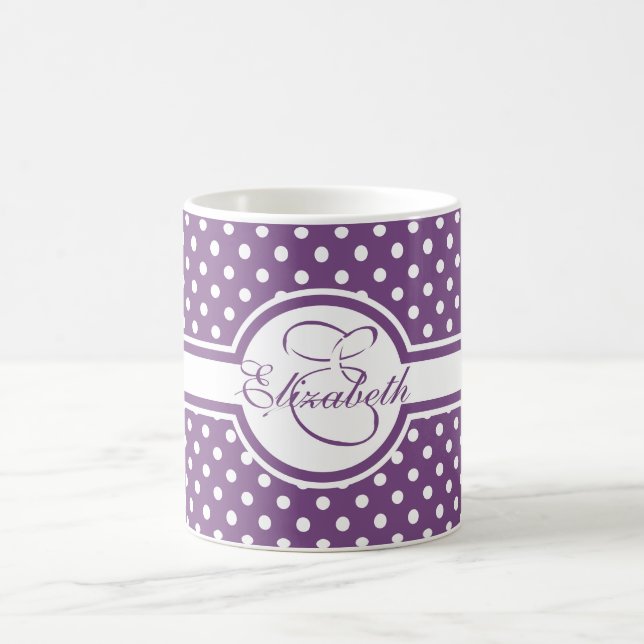 Elegant White Polka Dots on Purple Monogram Coffee Mug (Center)
