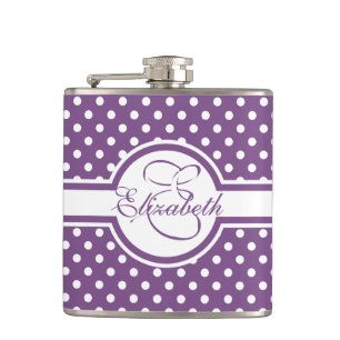 Elegant White Polka Dots on Purple Monogram Hip Flask