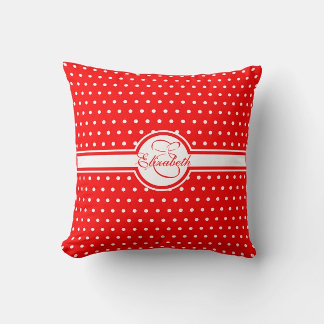 Elegant White Polka Dots on Red Monogram Cushion (Front)
