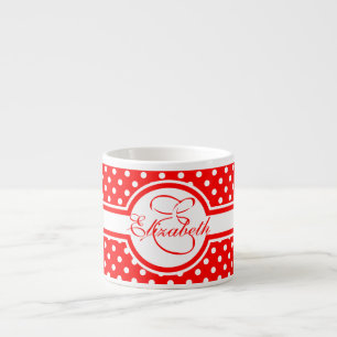 Elegant White Polka Dots on Red Monogram Espresso Cup