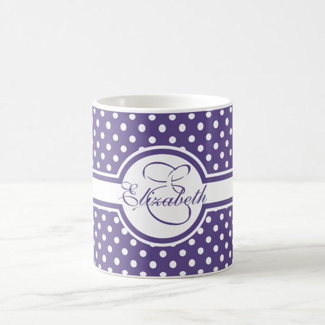 Elegant White Polka Dots on Ultra Violet Monogram Coffee Mug (Center)
