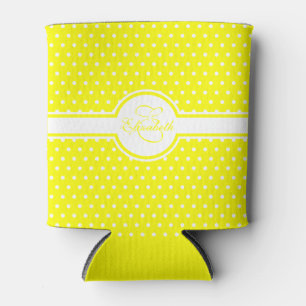 Elegant White Polka Dots on Yellow Monogram Can Cooler