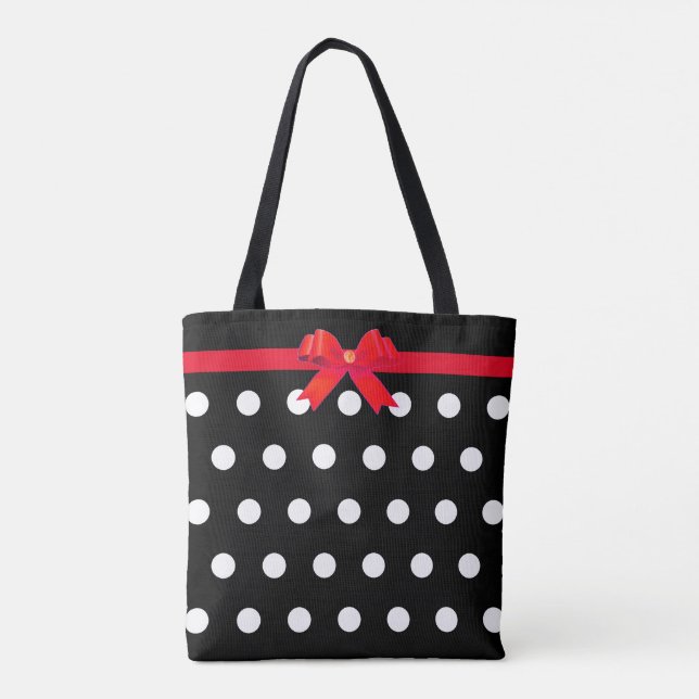 Elegant White Polka Dots with Red Ribbon Tote Bag (Back)