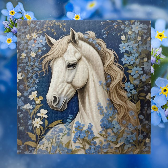 Elegant White Pony And Forget-Me-Nots Jigsaw Puzzle (Creator Uploaded)