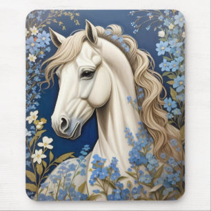 Elegant White Pony And Forget-Me-Nots Mouse Mat