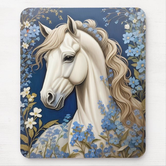 Elegant White Pony And Forget-Me-Nots Mouse Mat (Front)